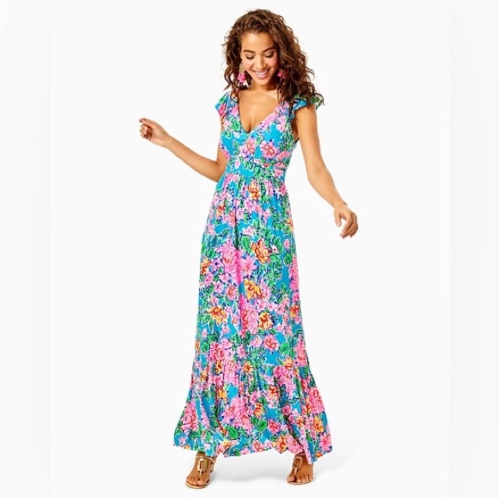 Lilly Pulitzer Multicolor Floral Ruffle Sleeve Vyra Maxi Dress Size 14